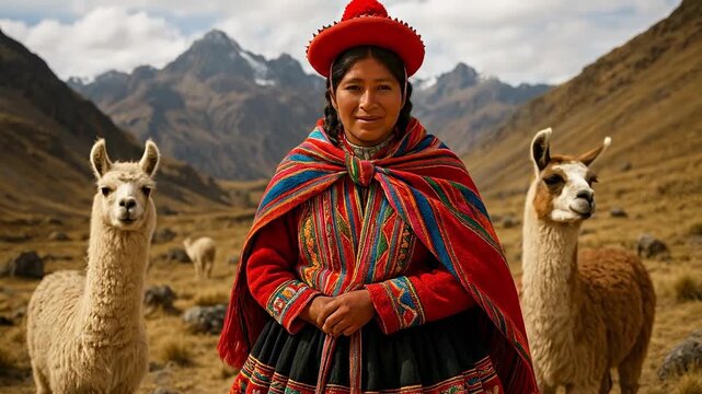 Indigenous Andean Woman in Traditional Pollera Dress and Lliklla Shawl with Llamas, set against the majestic backdrop of the Andes Mountains.