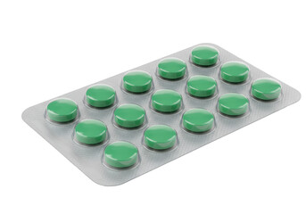Isolated blister pack of vibrant green round pills for medication, offering a focus on healthcare,...