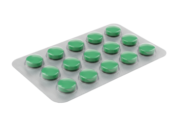 Isolated blister pack of vibrant green round pills for medication, offering a focus on healthcare, treatment, and pharmaceutical products with a clean, white background
