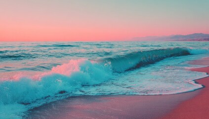 Naklejka premium Coastal serenity at sunset turquoise waves gently meet a pink sand beach under a pastel sky, distant mountains on the horizon