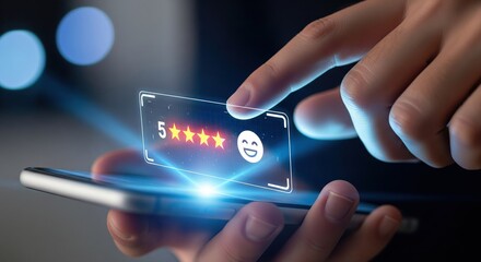 Customer Satisfaction: The image captures a close-up of a person's hand interacting with a smartphone interface, highlighting a glowing five-star rating.