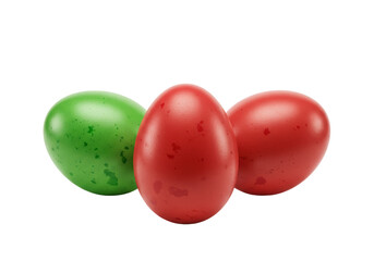 Isolated Close-up Studio Shot of Three Colorful Speckled Easter Eggs, Green, Dark Red, and Light Red, on a White Background