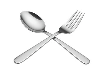 Isolated Silverware Composition: Detailed Shot of Intersecting Shiny Metal Spoon and Fork Against Pure White Backdrop