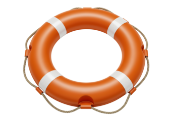 Isolated orange life buoy with white stripes and rope, symbolizing safety and rescue at sea, set against a clean, minimal background, perfect for nautical and emergency themed projects