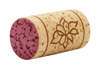 Isolated wine cork with a stylized lotus flower design and no background, textured surface