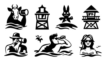 Fototapeta premium Black and White Icon Set of Summer Activities and Beach Themes