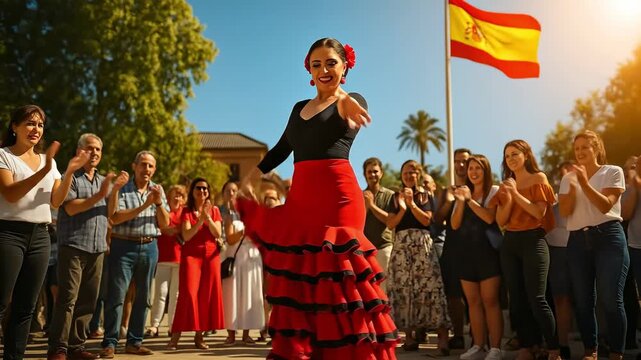 Vibrant Flamenco Dancer in Traditional Red 'Traje de Flamenca' Dress, a Quintessential Spanish Garment, Performing Outdoors for an Appreciative Cro...