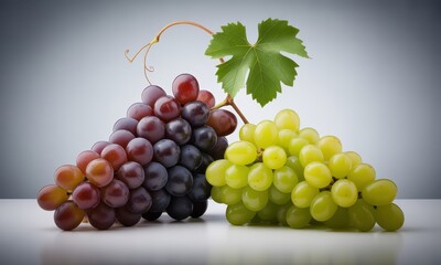 Fototapeta premium Two bunches of grapes, one red-purple and one green-yellow, sit side-by-side on a white surface against a neutral gray background. A vine with a leaf rests atop the clusters