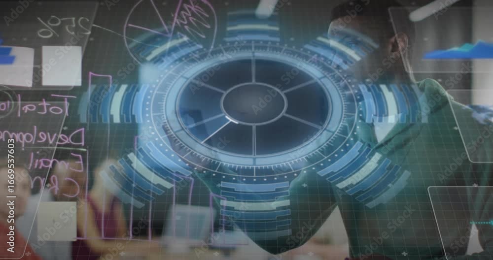 Aufkleber holographic interface materializing, presenter tapping rotating segment to drive business meeting