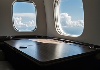 Fototapeta premium Mockup interior view of a private jet cabin with windows showing sky and clouds commercial usage