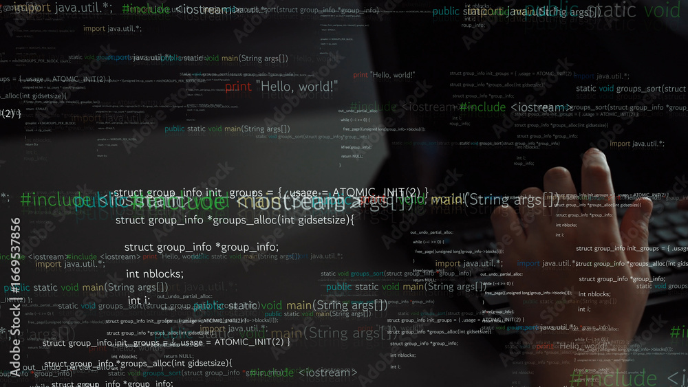 Poster an abstract representation of coding and programming, featuring close-up hands typing on a keyboard 