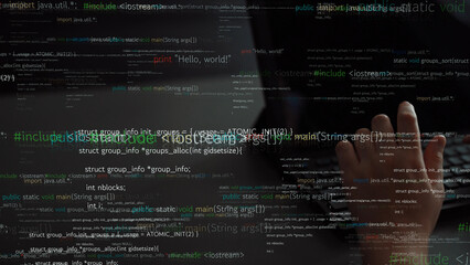 An abstract representation of coding and programming, featuring close-up hands typing on a keyboard surrounded by a digital code overlay, symbolizing technology and innovation. Xenic