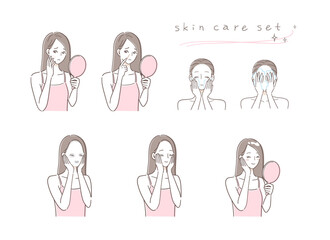 スキンケアをする女性のイラストセット