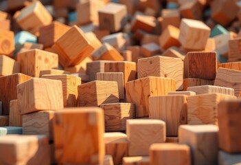A sunlit mass of numerous, varied-sized wooden cubes, predominantly light brown, with a few teal accents, creates a textured, three-dimensional landscape.  