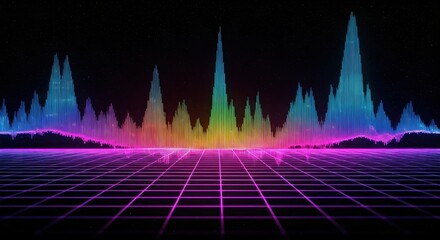 Vibrant, rainbow-hued audio waveform visualized against a dark, retro gridded ground plane, suggesting a futuristic or digital soundscape
