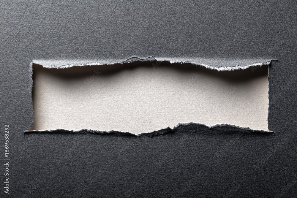Aufkleber torn paper revealing a blank rectangular opening in a gray sheet, contrasting texture visible on inn