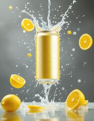 A gold aluminum can, seemingly filled with a lemon-flavored beverage, is shown with splashing water and levitating lemon slices against a gray backdrop.  The image is vibrant and dynamic