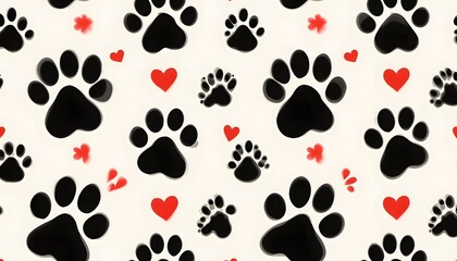 Fototapeta premium Seamless pattern of black dog paw prints and red hearts