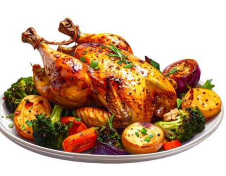 AI-Inspired Digital Art of Roasted Chicken with Vegetables, Vibrant Gradient Colors, Isolated PNG