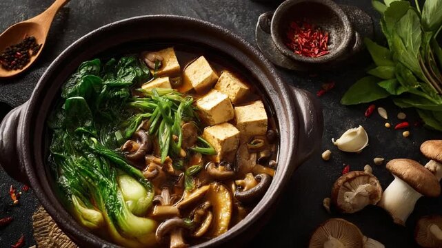 Aromatic Tofu Delight: A tantalizing tableau of a savory tofu dish, with tender tofu cubes, earthy mushrooms, and vibrant greens, inviting a culinary exploration of flavor and texture.