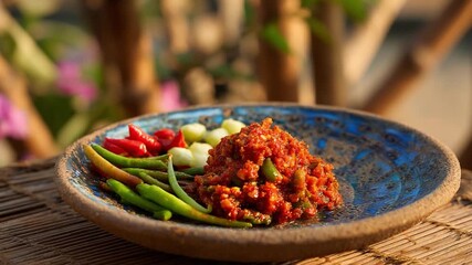 A Spicy Culinary Display: A close-up shot of a vibrant, spicy dish served on a rustic, earthenware plate. The colorful arrangement tantalizes the senses.