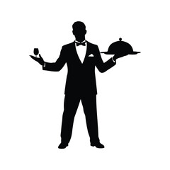 Silhouette of a Waiter Holding a Tray and Wine Glass for Service, waiter with tray and wine silhouette vector illustration