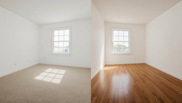 Empty room with light-filled windows, showcasing a comparison between carpeting and hardwood flooring.