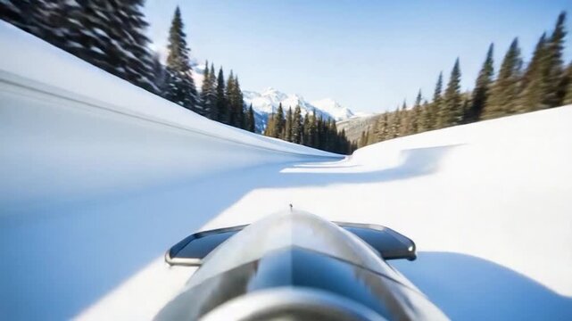 Bobsled Racing Down Snowy Track with Mountain View.