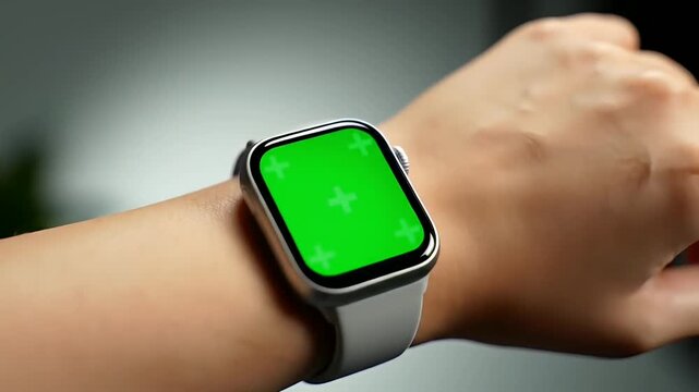 woman's arm wearing smartwatch with green screen display