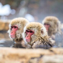 Snow Monkeys Bathing in Hot Spring, Japan