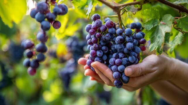 Hands purple holding fresh grapes during harvest season in vineyard  
