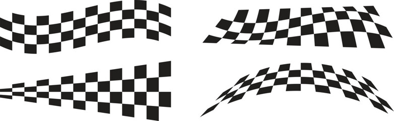 Fototapeta premium Black and white racing flag wave vector set, ideal for motorsport banners, car graphics, and speed event design. Dynamic checkered flag shapes in motion effect. High-quality abstract background.