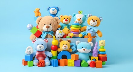 Obraz premium Colorful toys arranged in a box against a light blue background.