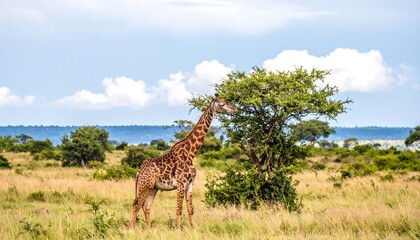 A giraffe stands tall in a savanna landscape, reaching for leaves against a vibrant sky.
