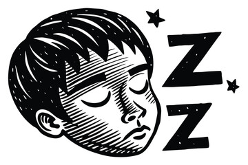 Woodcut Style Boy Sleeping Face with Zzz and Stars on White Background