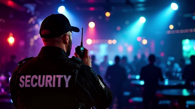 Professional Security Guard Monitoring Crowded Nightclub for Event Safety and Protection