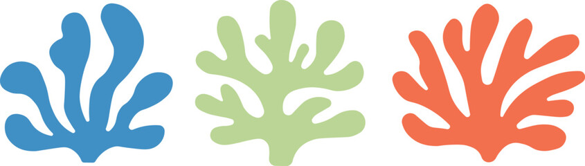 Set of abstract seaweed and coral shapes in flat vector style, ocean plants and marine flora, colorful seaweed fronds, coral branches. Perfect for wall art, poster, collage. Vector illustration
