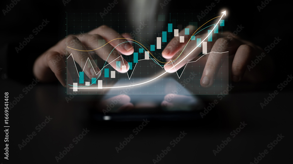 Aufkleber focused hands interact with a smartphone displaying glowing graphs and analytics, signifying financi