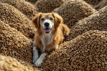 Happy dog enjoys lying in a large pile of dog food at an outdoor storage area during the sunny afternoon