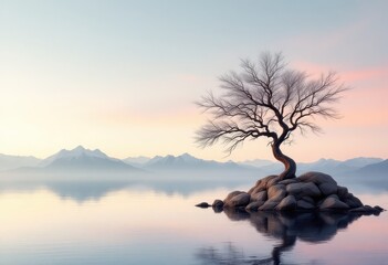 A solitary, leafless tree with a twisting trunk sits atop rocks in a calm lake at dawn.  Misty mountains rise in the background, their reflections mirrored in the still water,