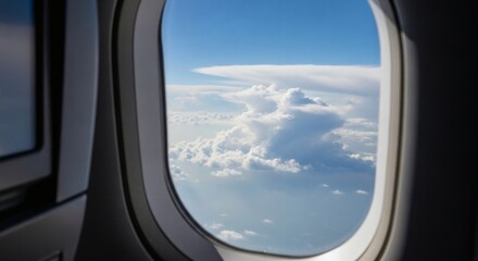 Aerial Vista Clouds Seen Through Airplane Window on a Bright, Sunny Day