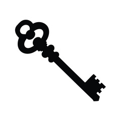 Antique key silhouette in black and white image with ornate handle, key silhouette vector illustration