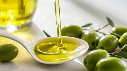 Fresh Olive Oil Pouring into Spoon with Green Olives