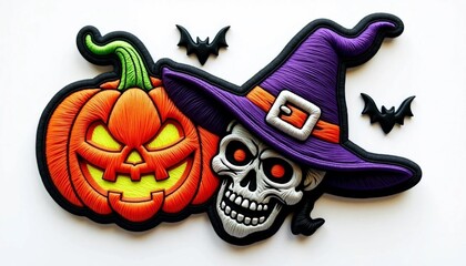 Halloween Jack O Lantern Skull Witch Hat and Bats Spooky Festive Design