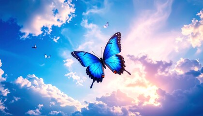 Vivid blue butterfly in flight against a sunset sky, other butterflies visible in the distance