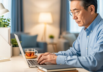 Fototapeta premium 自宅でノートPCを使って仕事をするシニア世代の男性