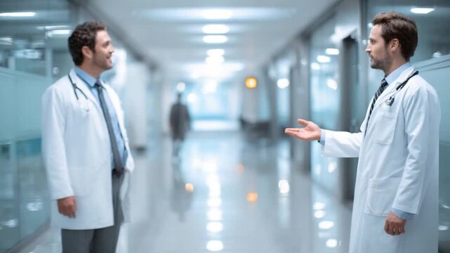 Dialog in the Hallway: Two medical professional doctors engaged in an insightful exchange within the bright, modern confines of a hospital hallway.