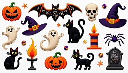 Halloween spooky elements collection with pumpkins black cats ghosts and witch hats