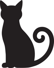 Sitting cat silhouette with curled tail. Cute vector icon for pet, home, Halloween, decoration, and design.