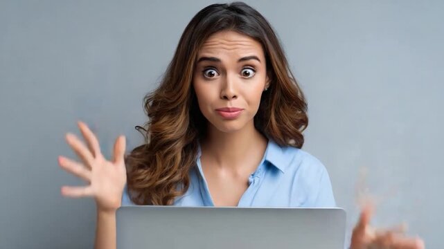 Mystified Glance: Captivating portrait of a woman, her expression a mix of confusion and disbelief as she interacts with her computer, capturing the very essence of bewilderment.